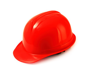Fototapeta premium Red safety helmet on white, hard hat isolated clipping path.
