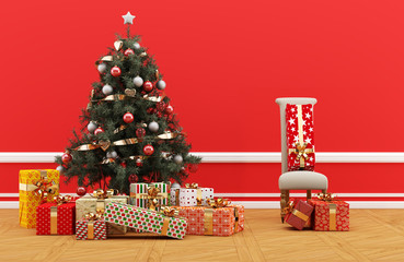 Árbol de Navidad decorado con regalos en habitación roja y silla