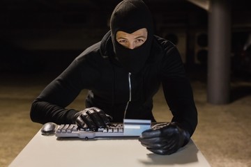 Burglar shopping online with laptop