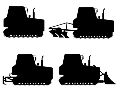 Set Icons Caterpillar Tractors Black Silhouette Vector Illustrat
