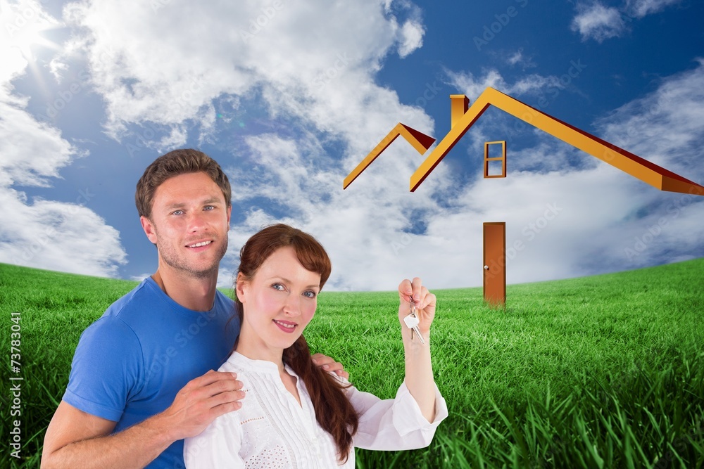 Poster composite image of couple holding keys to home
