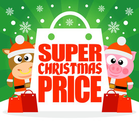 Super Christmas Price card with bull and pig ,vector