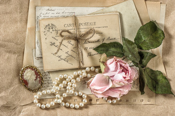 old letters, postcards, rose flower and vintage things