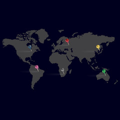 Fototapeta na wymiar dark simple map of world with color pins eps10