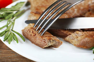 Delicious grilled meat on table, close-up