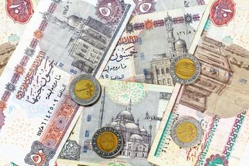 Money from Egypt, pound banknotes and coins.