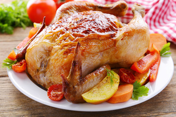 Delicious baked chicken on plate on table close-up