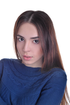 beautiful girl in sweater, isolated on background in studio