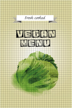 Vegan menu. Watercolor vector background cabbage