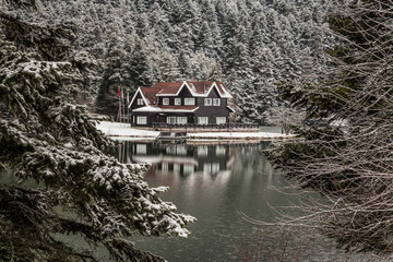 a small house by lake with reflection in winter