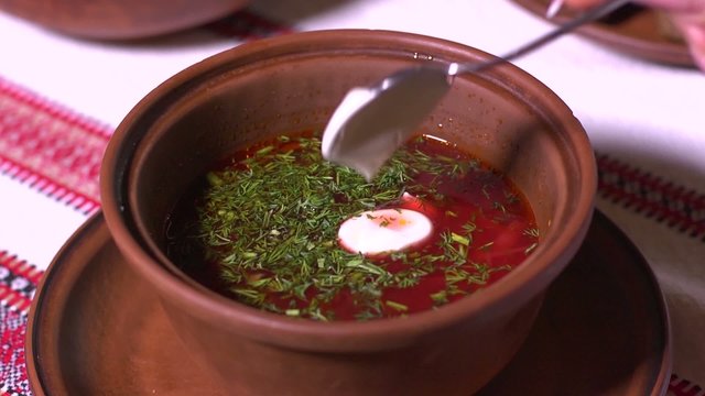 Ukrainian cuisine borscht with sour cream