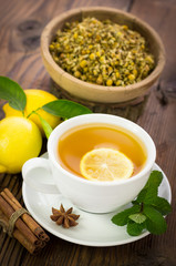 A cup of tea with lemon