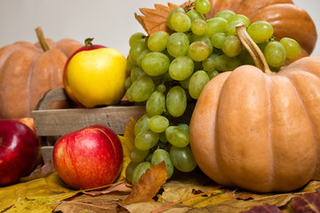 Naklejka na ściany i meble fruits and vegetables on autumn leaves