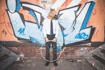 horse mask young handsome elegant blonde model man