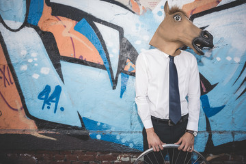 horse mask young handsome elegant blonde model man