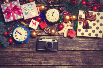 Camera, christmas gifts, gingerbread, alarm clocks