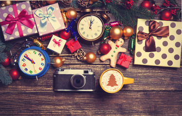 Christmas gifts, coffee, gingerbread, alarm clocks