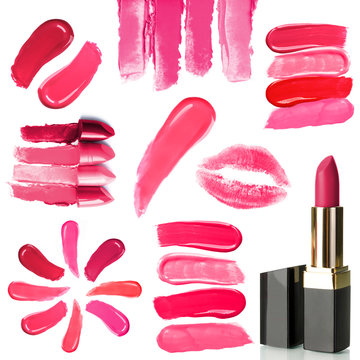 Collage of different lipsticks isolated on white