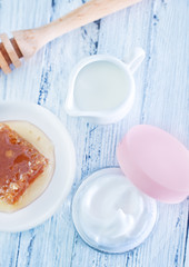body lotion in glass bank and on a table