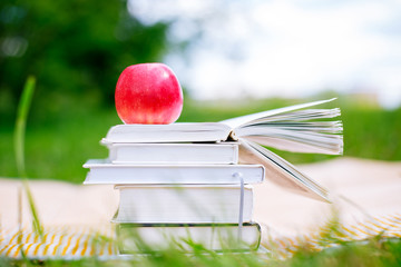 Open book with red apple