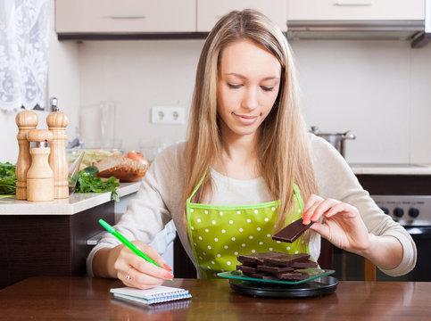 Smiling Woman Weighing Chocolate On Scales