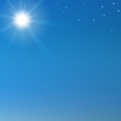 Blue sky background with shining sun and stars