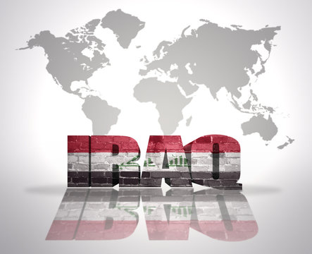 Word Iraq on a world map background