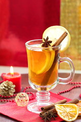 Glass of mulled wine with christmas decoration