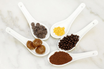 cocoa, chocolate praline, marron glacee, cacao and golden edible