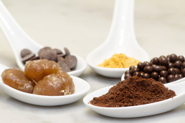 cocoa powder, chocolate pralineand drop,  marron glacee and gold