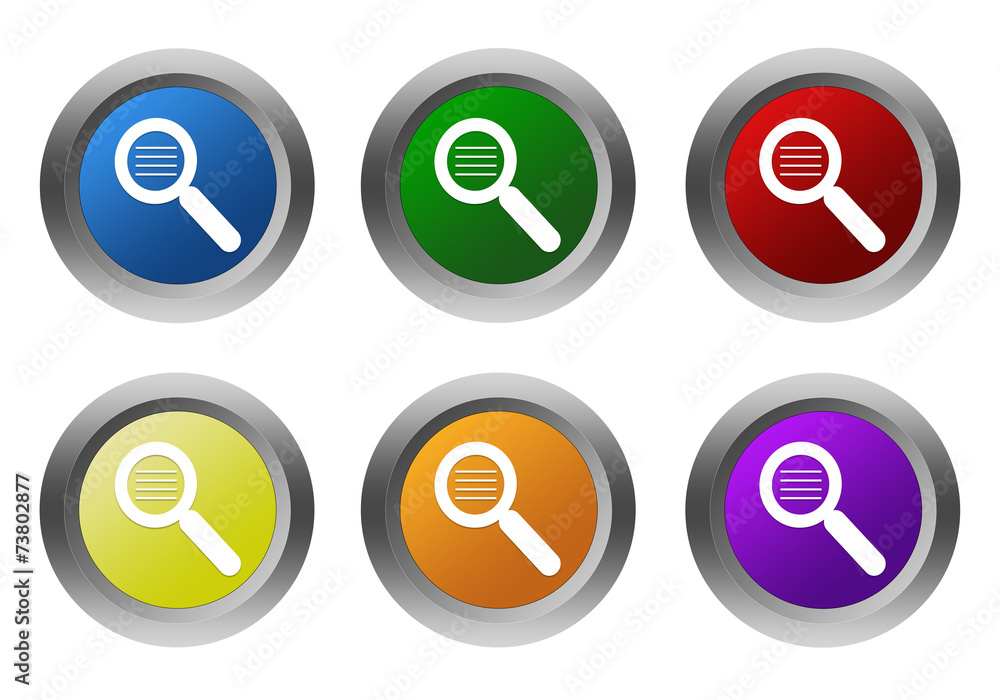 Poster set of rounded colorful buttons with search symbol