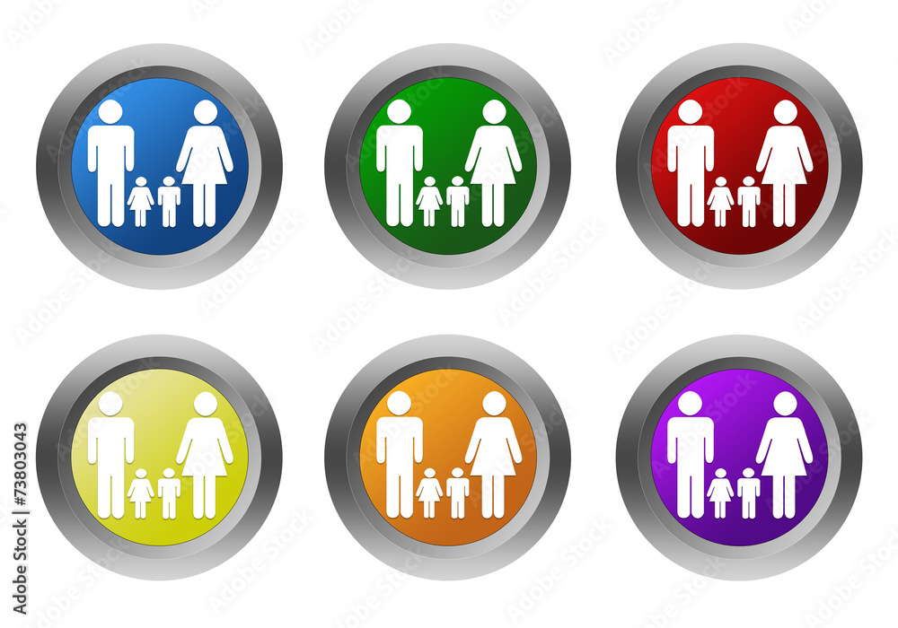 Poster set of rounded colorful buttons with family symbol