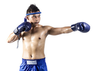 Fototapeta na wymiar Muay thai, Asian man exercising thai boxing isolated on white