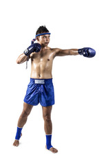 Muay thai, Asian man exercising thai boxing isolated on white