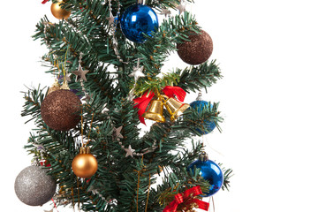 Close up of christmas tree with ornament, bauble, and decoration