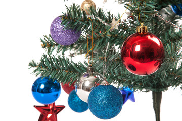 Close up of christmas tree with ornament, bauble, and decoration