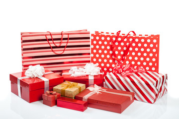 Red gift boxes and shopping bags