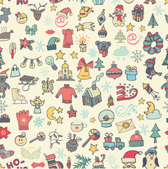 Christmas,new year icons seamless pattern. Colored Doodle