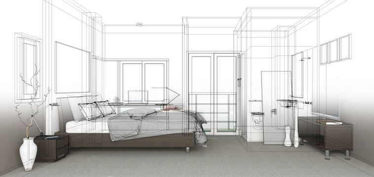 sketch design of bedroom ,3dwireframe render 