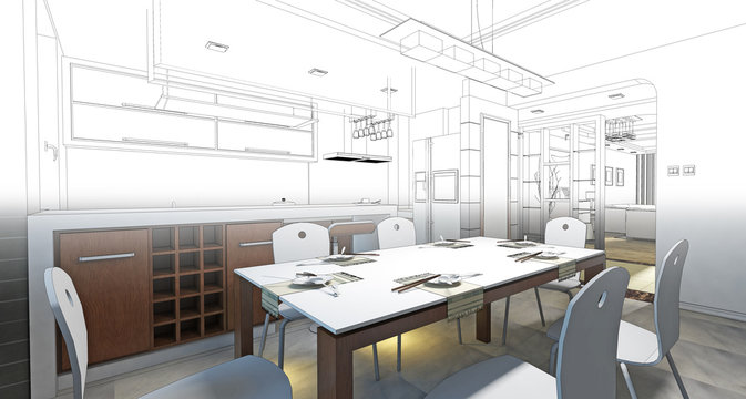 sketch design of dining ,3dwireframe render 