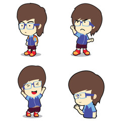 Young glasses boy in many poses cartoon vector illustration