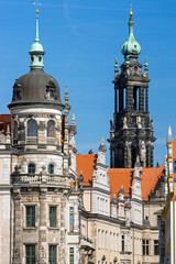 Two of the many old towers of Dresden, Germany