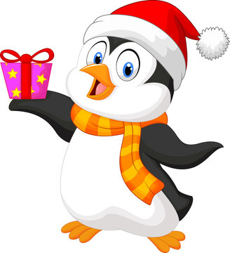 Cute penguin holding present