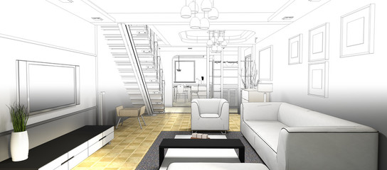 sketch design of living room ,3dwire frame render 