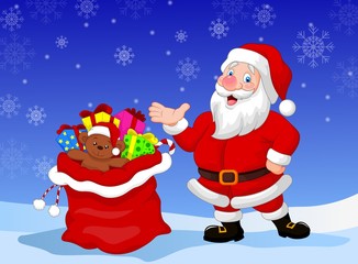 Happy Santa Clause with gift waving hand