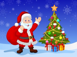 Cartoon Santa clause with Christmas tree