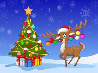 Cartoon deer standing next to Christmas tree