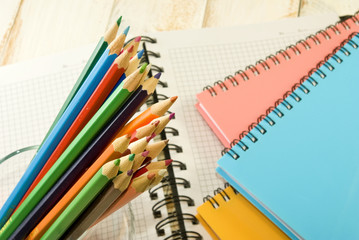 image of many notebook and pencil closeup