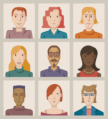 Nine portraits of young people, flat design