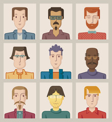 Nine portraits of young men, flat design